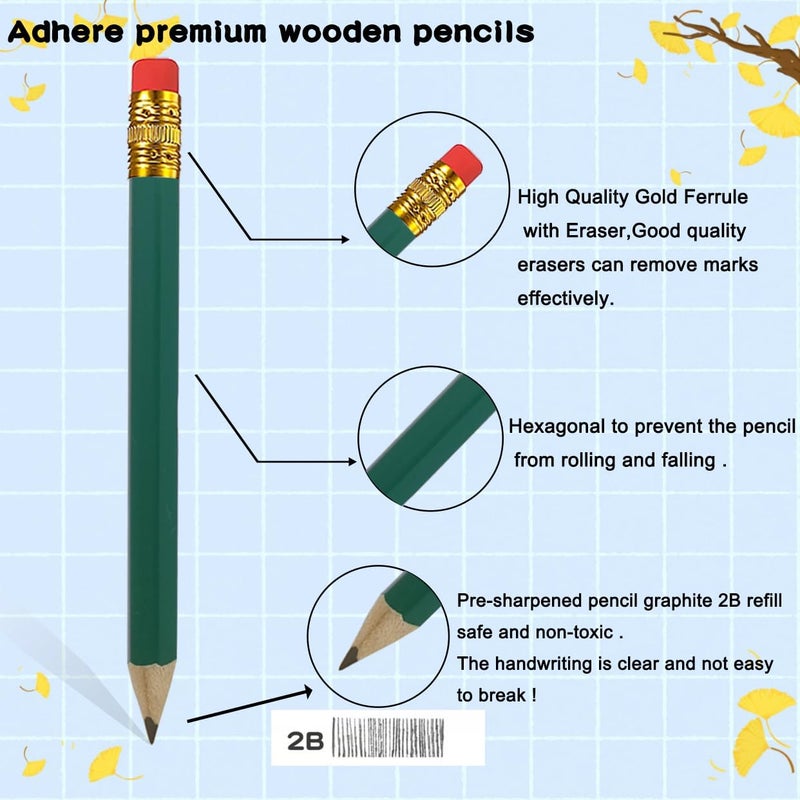 Adhere 50pcs Golf Pencils with Eraser Hexagon Wooden half Pencils Graphite 2B for Golf Event Scoring, Classroom, Wedding, Pew, Pocket | Free Pencil Sharpener (Green・Hexagon・50pcs) - Image 3